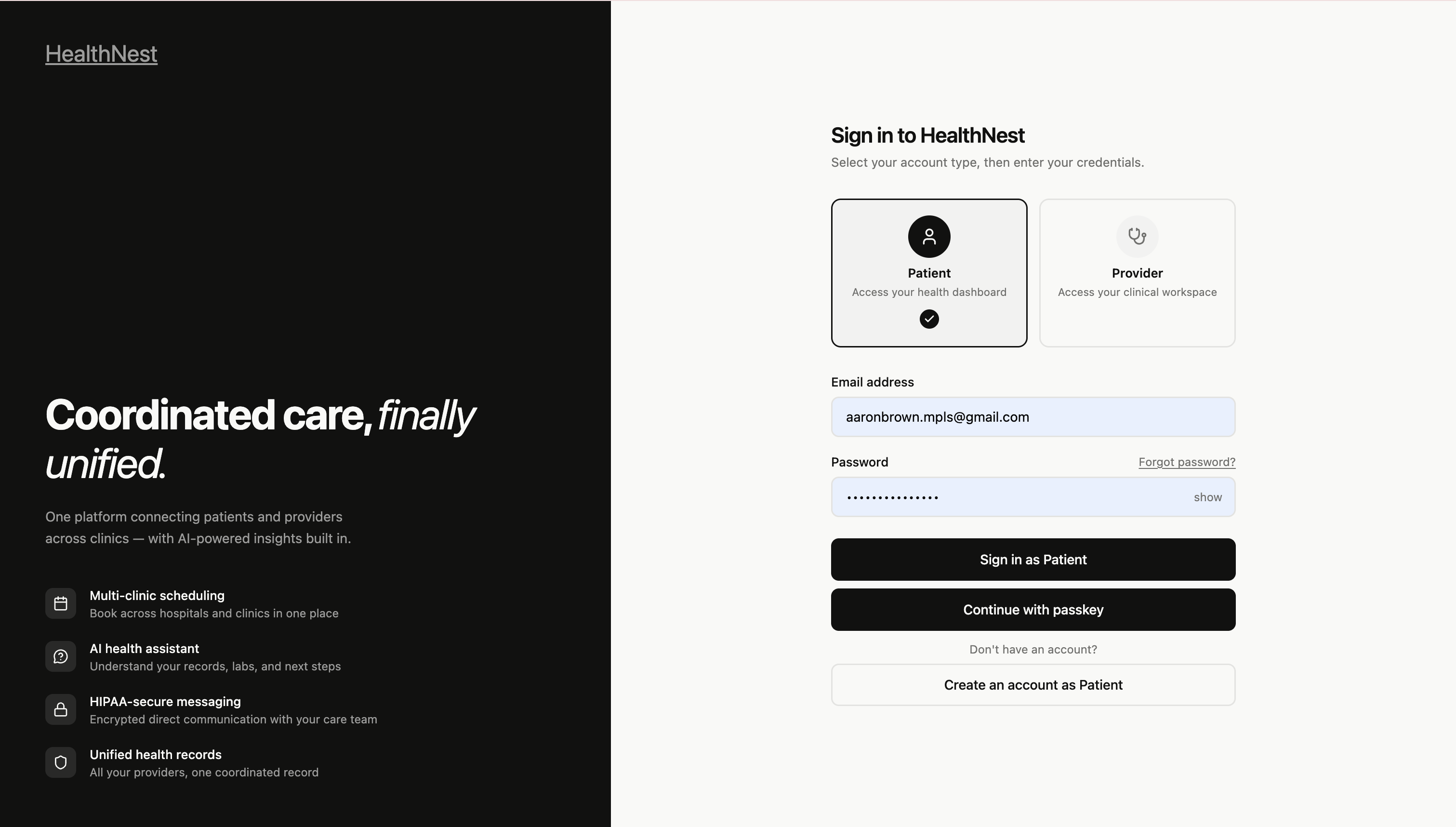 HealthNest user interface screenshot